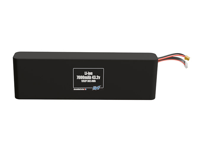 Front-facing render of the 43.2V 7000mAh 12S2P Li-ion battery, assembled in the USA by maxamps, for drone and robotics applications.