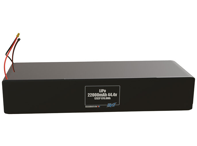 Front-facing render of the 44.4V 22000mAh 12S2P LiPo end-to-end battery, assembled in the USA by maxamps, for drone and robotics applications.