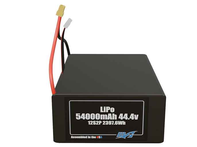 Front-facing render of the 44.4V 54000mAh 12S2P LiPo battery, assembled in the USA by maxamps, for drone and robotics applications.