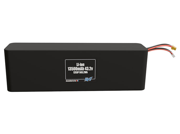 Front-facing render of the 43.2V 13500mAh 12S3P Lithium-Ion battery, assembled in the USA by maxamps, for drone and robotics applications.