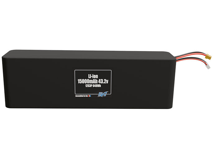 Front-facing render of the 43.2V 15000mAh 12S3P Lithium-Ion battery, assembled in the USA by maxamps, for drone and robotics applications.