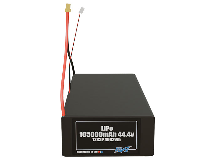 Front-facing render of the 44.4V 105000mAh 12S3P LiPo battery, assembled in the USA by maxamps, for drone and robotics applications.