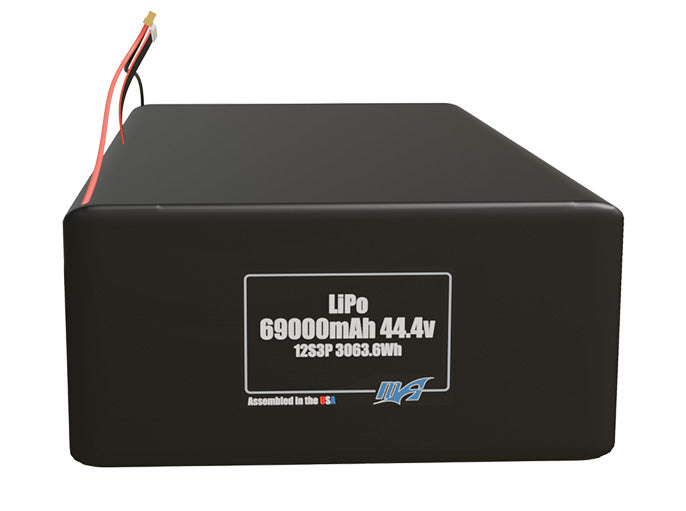 Front-facing render of the 44.4V 69000mAh 12S3P LiPo battery, assembled in the USA by maxamps, for drone and robotics applications.