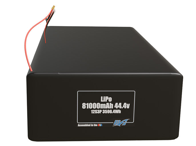 Front-facing render of the 44.4V 81000mAh 12S3P LiPo battery, assembled in the USA by maxamps, for drone and robotics applications.