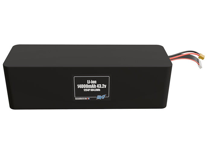 Front-facing render of the 43.2V 14000mAh 12S4P Lithium-Ion battery, assembled in the USA by maxamps, for drone and robotics applications.