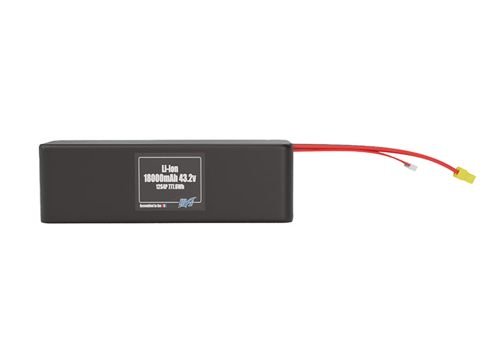 Front-facing render of the 43.2V 18000mAh 12S4P Lithium-Ion battery, assembled in the USA by maxamps, for drone and robotics applications.