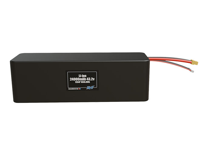 Front-facing render of the 43.2V 24000mAh 12S4P Lithium-Ion battery, assembled in the USA by maxamps, for drone and robotics applications.