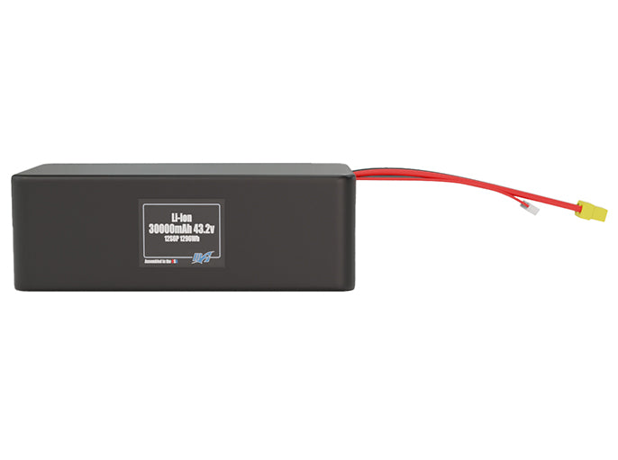 Front-facing render of the 43.2V 30000mAh 12S6P Lithium-Ion battery, assembled in the USA by maxamps, for drone and robotics applications.