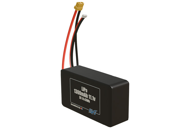 Angled product render of the 1300mAh three-cell LiPo pack. A lightweight energy source for UAV, drone, and robotic builds.