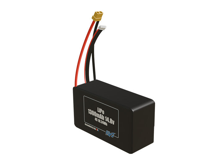 Angled product render of the 1300mAh four-cell LiPo pack. A lightweight energy source for UAV, drone, and robotic builds.