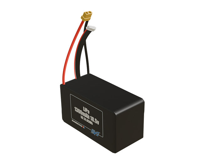 Angled product render of the 1300mAh five-cell LiPo pack. A lightweight energy source for UAV, drone, and robotic builds.