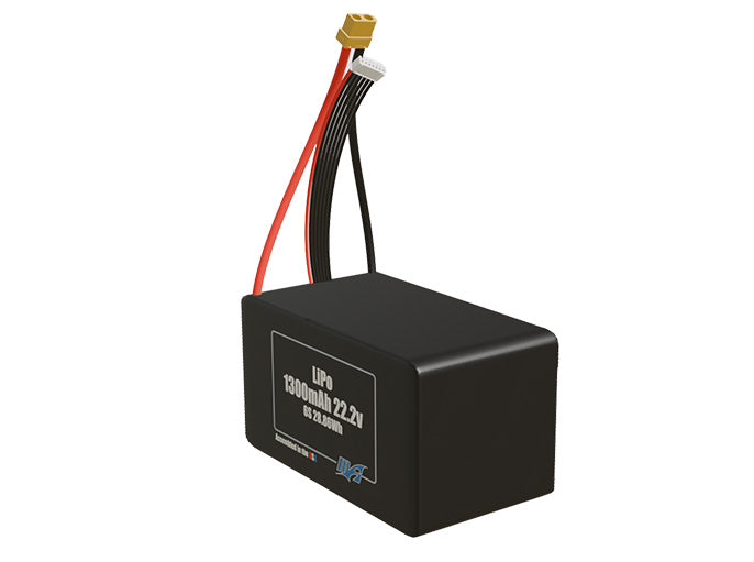 Angled product render of the 1300mAh six-cell LiPo pack. A lightweight energy source for UAV, drone, and robotic builds.