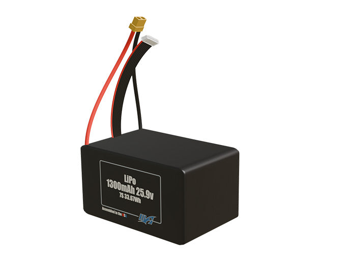 Angled product render of the 1300mAh seven-cell LiPo pack. A lightweight energy source for UAV, drone, and robotic builds.