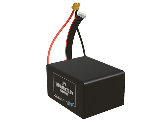 Angled product render of the 1300mAh eight-cell LiPo pack. A lightweight energy source for UAV, drone, and robotic builds.