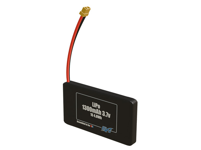 Angled product render of the 1300mAh single-cell LiPo pack. A lightweight energy source for UAV, drone, and robotic builds.