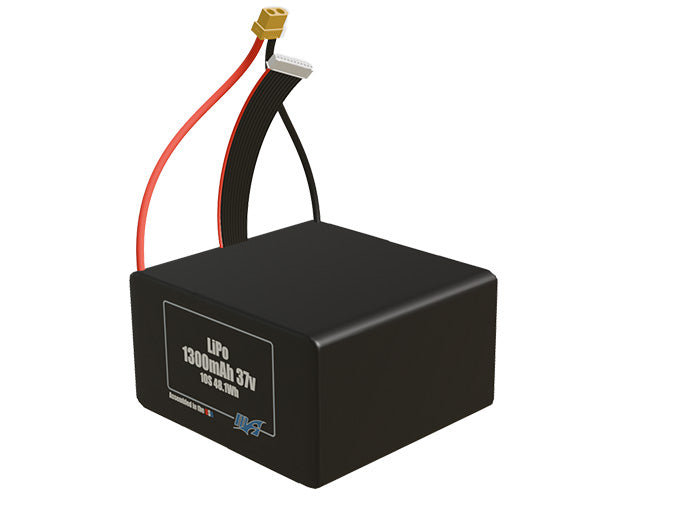Angled product render of the 1300mAh ten-cell LiPo pack. A lightweight energy source for UAV, drone, and robotic builds.