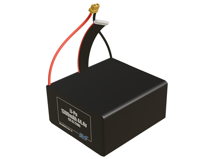 Angled product render of the 1300mAh twelve-cell LiPo pack. A lightweight energy source for UAV, drone, and robotic builds.