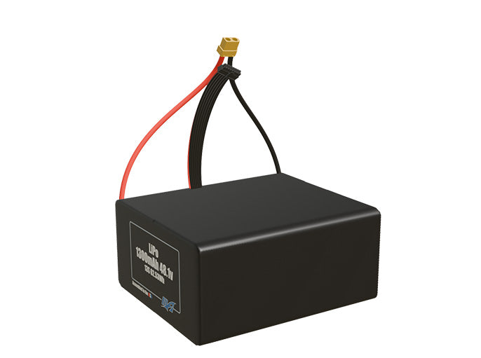 Angled product render of the 1300mAh thirteen-cell LiPo pack. A lightweight energy source for UAV, drone, and robotic builds.