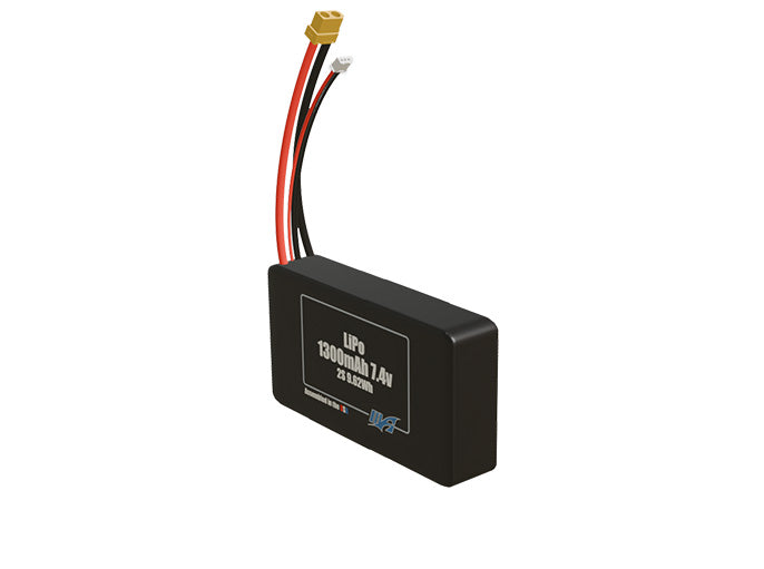 Angled product render of the 1300mAh two-cell LiPo pack. A lightweight energy source for UAV, drone, and robotic builds.