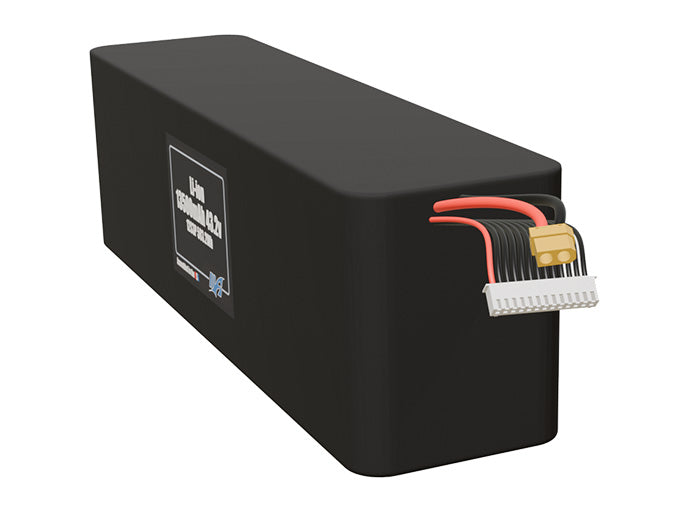 Angled product render of the 13500mAh 36-cell Lithium-ion pack. A lightweight energy source for UAV, drone, and robotic builds.