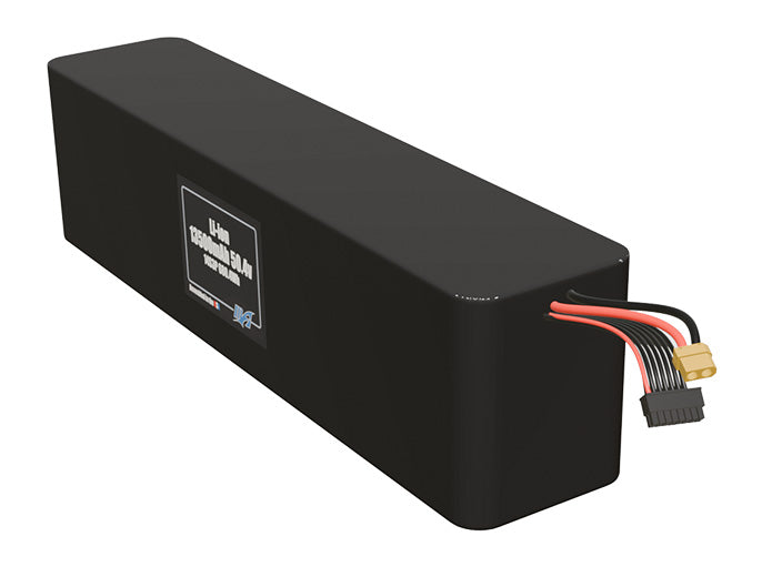 Angled product render of the 13500mAh 52-cell Lithium-ion pack. A lightweight energy source for UAV, drone, and robotic builds.