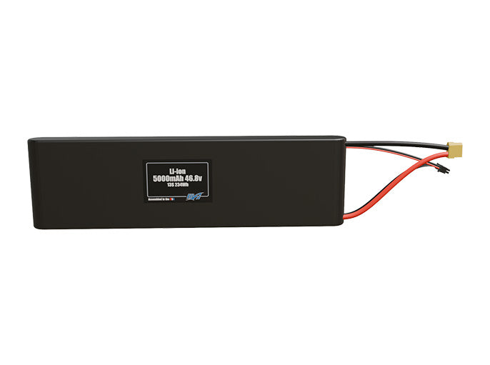 Front-facing render of the 46.8V 5000mAh 13S Li-ion battery, assembled in the USA by maxamps, for drone and robotics applications.