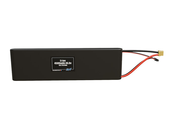 Front-facing render of the 46.8V 4500mAh 13S Li-ion battery, assembled in the USA by maxamps, for drone and robotics applications.