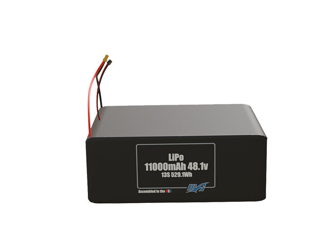Front-facing render of the 48.1V 11000mAh 13S LiPo battery, assembled in the USA by maxamps, for drone and robotics applications.