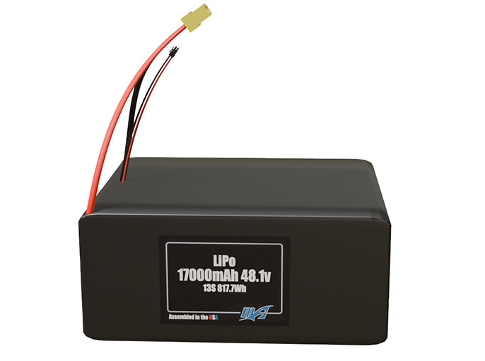 Front-facing render of the 48.1V 17000mAh 13S LiPo battery, assembled in the USA by maxamps, for drone and robotics applications.