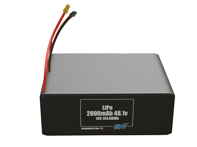 Front-facing render of the 48.1V 2800mAh 13S LiPo battery, assembled in the USA by maxamps, for drone and robotics applications.