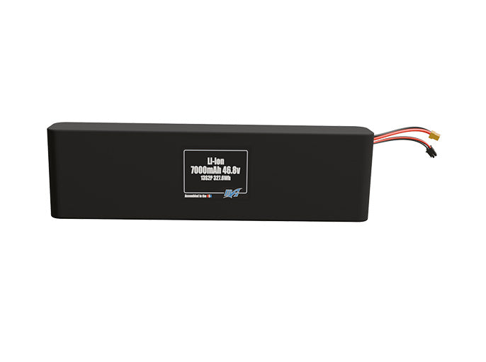 Front-facing render of the 46.8V 7000mAh 13S2P Li-ion battery, assembled in the USA by maxamps, for drone and robotics applications.