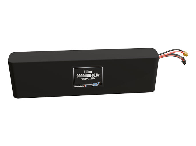 Front-facing render of the 46.8V 9000mAh 13S2P Li-ion battery, assembled in the USA by maxamps, for drone and robotics applications.