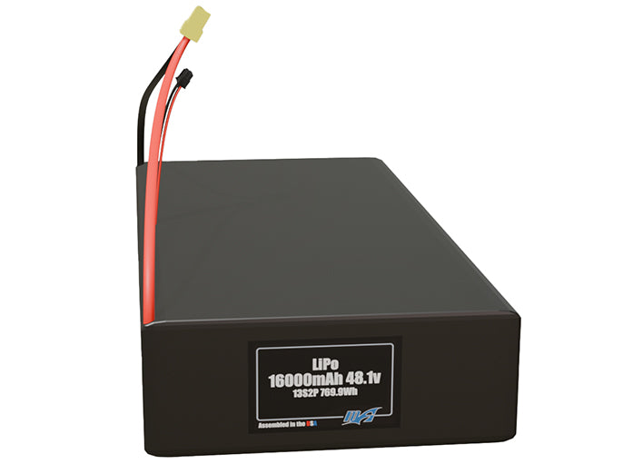 Front-facing render of the 48.1V 16000mAh 13S2P LiPo battery, assembled in the USA by maxamps, for drone and robotics applications.