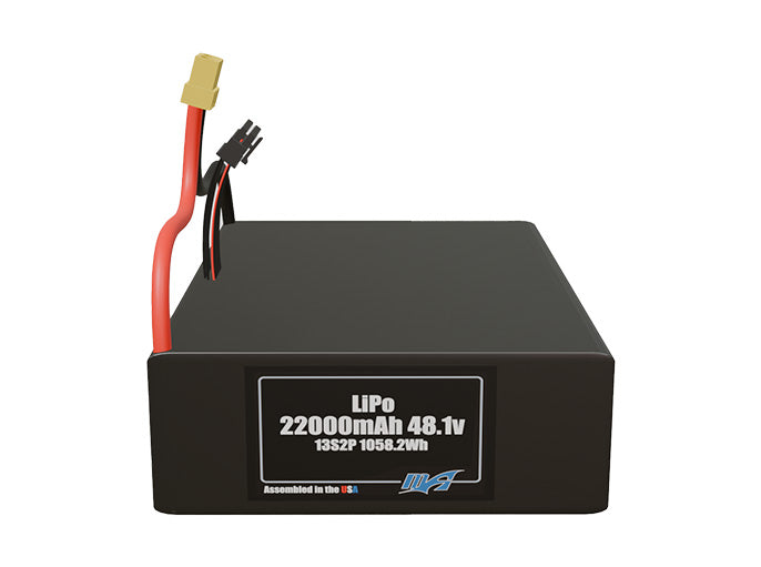 Front-facing render of the 48.1V 22000mAh 13S2P LiPo battery, assembled in the USA by maxamps, for drone and robotics applications.