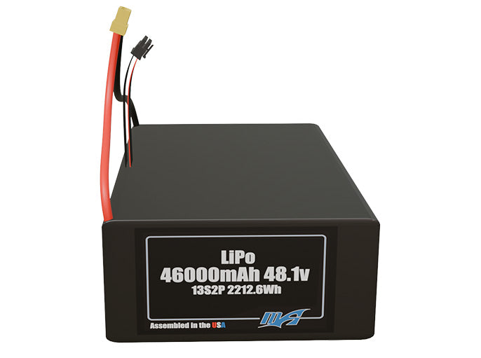 Front-facing render of the 48.1V 46000mAh 13S2P LiPo battery, assembled in the USA by maxamps, for drone and robotics applications.