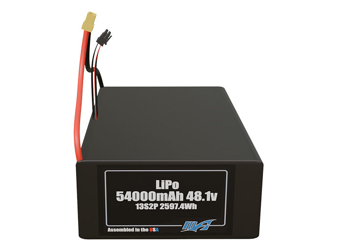Front-facing render of the 48.1V 54000mAh 13S2P LiPo battery, assembled in the USA by maxamps, for drone and robotics applications.