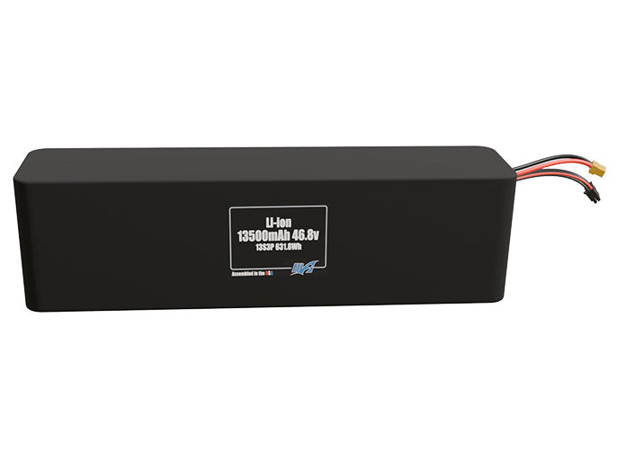 Front-facing render of the 46.8V 13500mAh 13S3P Lithium-Ion battery, assembled in the USA by maxamps, for drone and robotics applications.