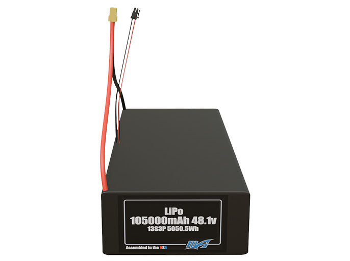 Front-facing render of the 48.1V 105000mAh 13S3P LiPo battery, assembled in the USA by maxamps, for drone and robotics applications.