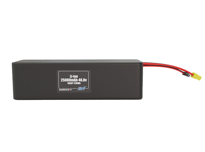 Front-facing render of the 46.8V 25000mAh 13S5P Lithium-Ion battery, assembled in the USA by maxamps, for drone and robotics applications.