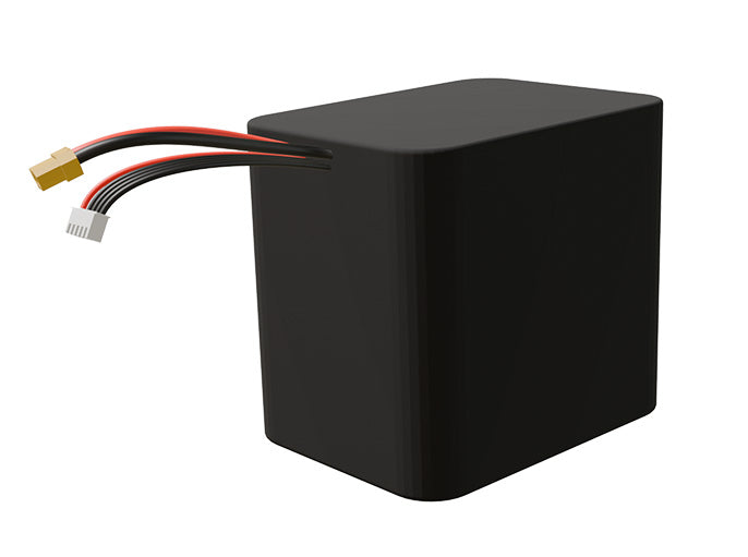 Side-angle render of a 14.4-volt 10500mAh lithium-ion battery, assembled in the USA for compact UAV, drone, and military robotics platforms.