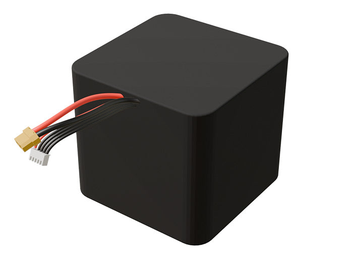 Side-angle render of a 14.4-volt 14000mAh lithium-ion battery, assembled in the USA for compact UAV, drone, and military robotics platforms.