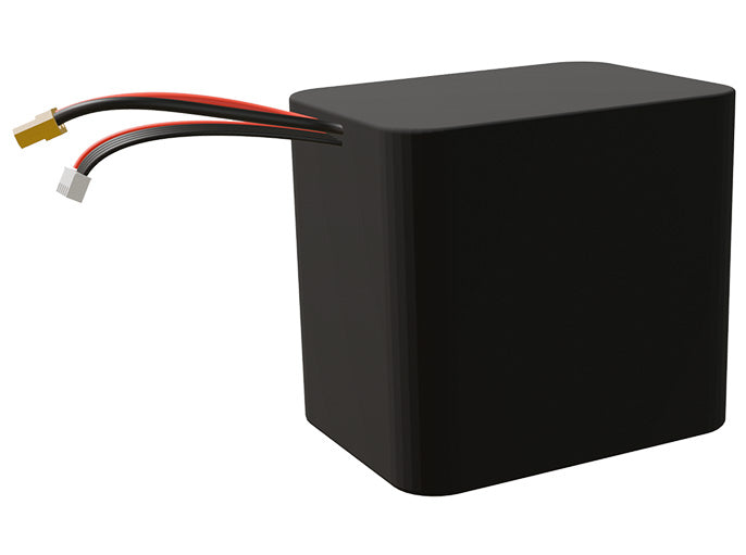 Side-angle render of a 14.4-volt 15000mAh lithium-ion battery, assembled in the USA for compact UAV, drone, and military robotics platforms.