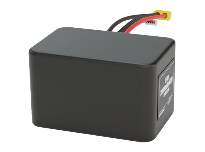 Side-angle render of a 14.4-volt 30000mAh lithium-ion battery, assembled in the USA for compact UAV, drone, and military robotics platforms.