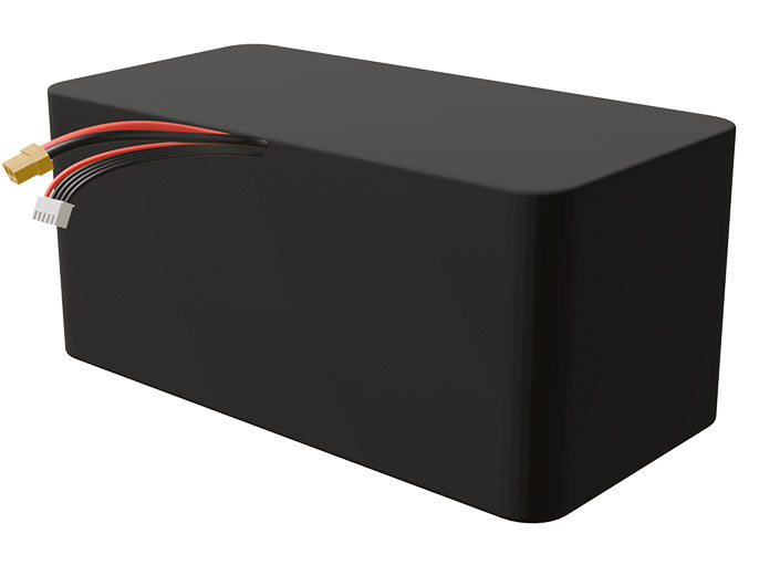 Side-angle render of a 14.4-volt 40000mAh lithium-ion battery, assembled in the USA for compact UAV, drone, and military robotics platforms.