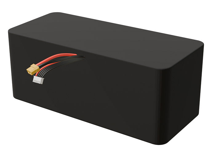 Side-angle render of a 14.4-volt 45000mAh lithium-ion battery, assembled in the USA for compact UAV, drone, and military robotics platforms.