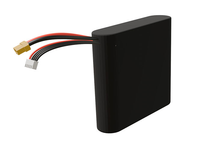 Side-angle render of a 14.4-volt 4500mAh lithium-ion battery, assembled in the USA for compact UAV, drone, and military robotics platforms.