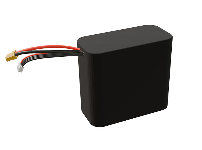 Side-angle render of a 14.4-volt 9000mAh lithium-ion battery, assembled in the USA for compact UAV, drone, and military robotics platforms.