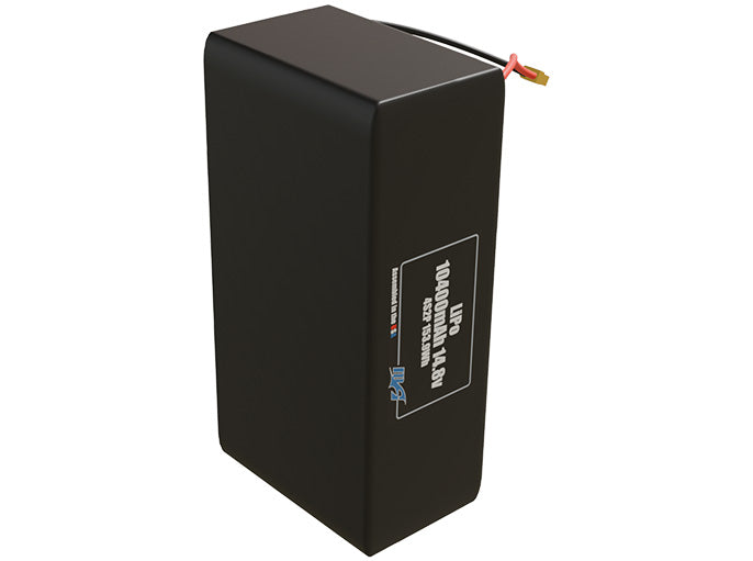 Side-angle render of a 14.8-volt 10400mAh lithium-polymer battery, assembled in the USA for compact UAV, drone, and military robotics platforms.