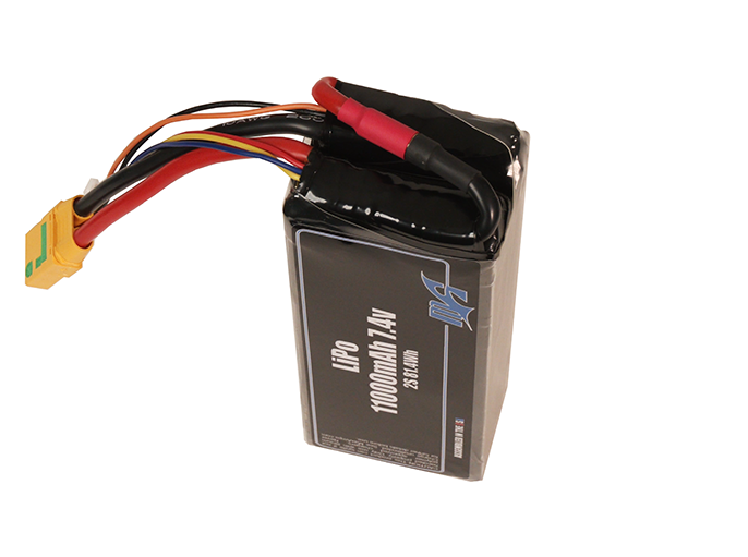 Side-angle render of a 14.8-volt 11000mAh lithium-polymer modular battery, assembled in the USA for compact UAV, drone, and military robotics platforms.