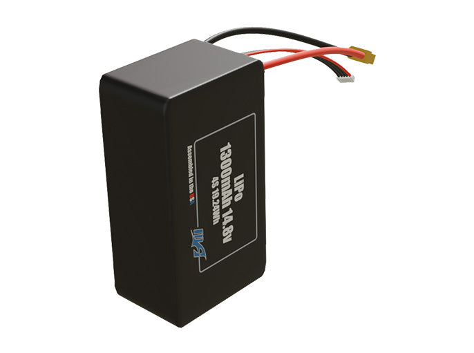 Side-angle render of a 14.8-volt 1300mAh lithium-polymer battery, assembled in the USA for compact UAV, drone, and military robotics platforms.
